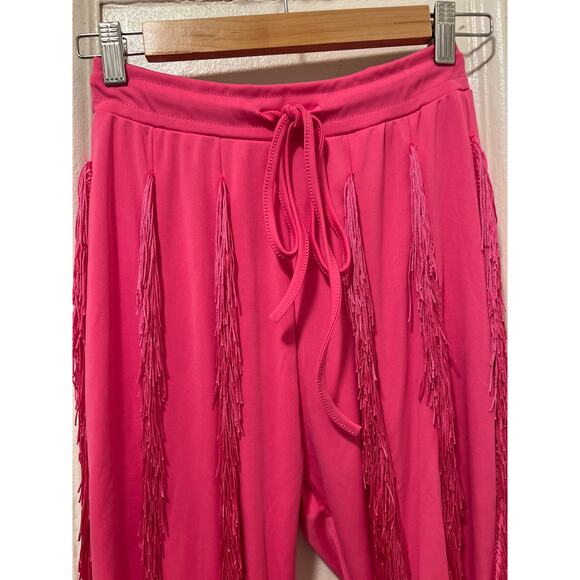 Women's Boho Drawstring Waist Long Fringe Tassel Pants Pink Size S - Picture 6 of 13